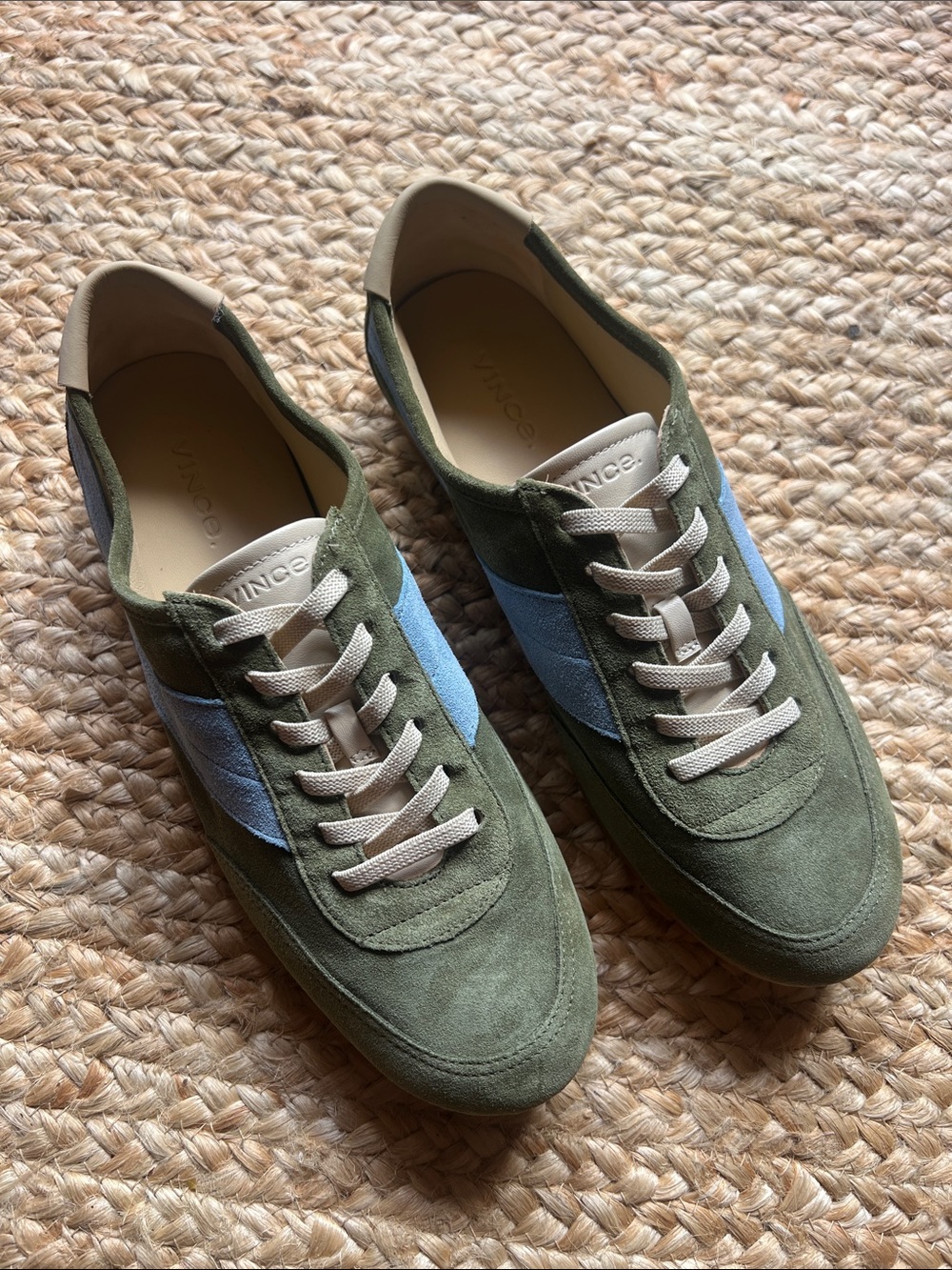 Vince Olive Suede Sneakers with Light Blue Panel and Cream Accents